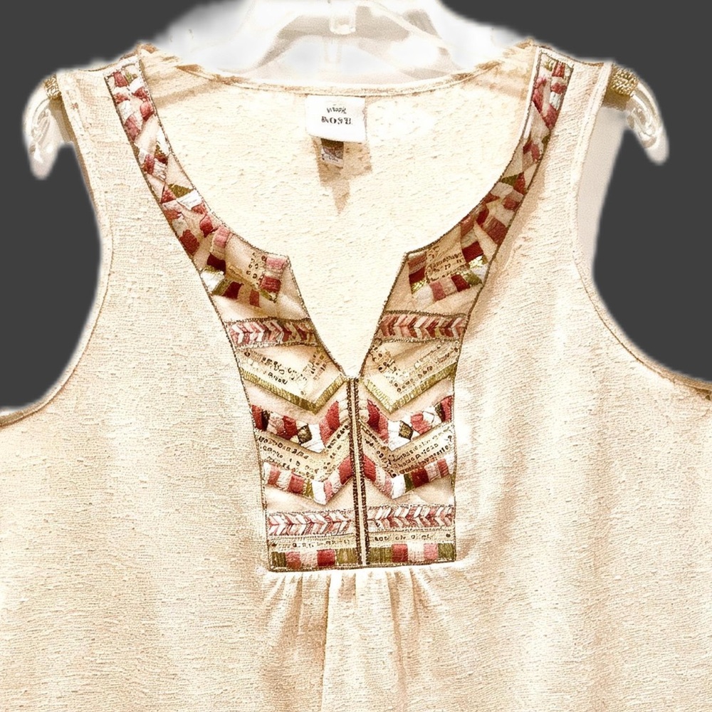 Lightweight Gauzy Sleeveless Ladies 1X V-Neck Soft Tan With Embellished Front